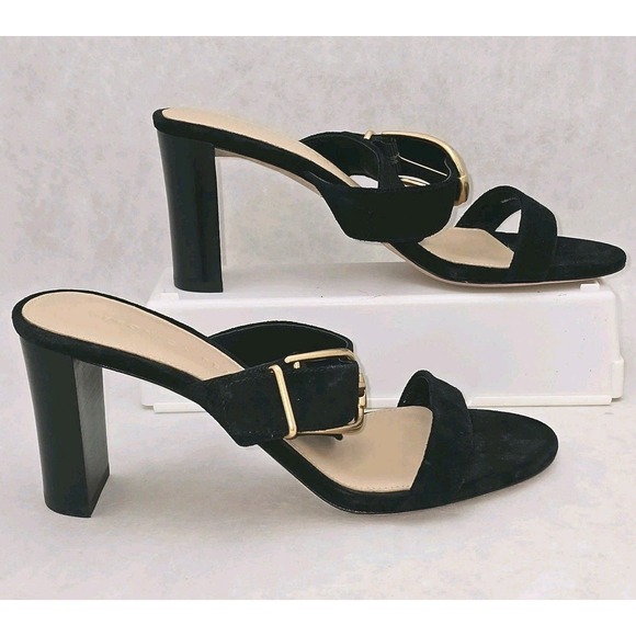 NWOB Veronica Beard Griddley Black Suede Buckle Block Heel Sandals Size 7 - Picture 9 of 11